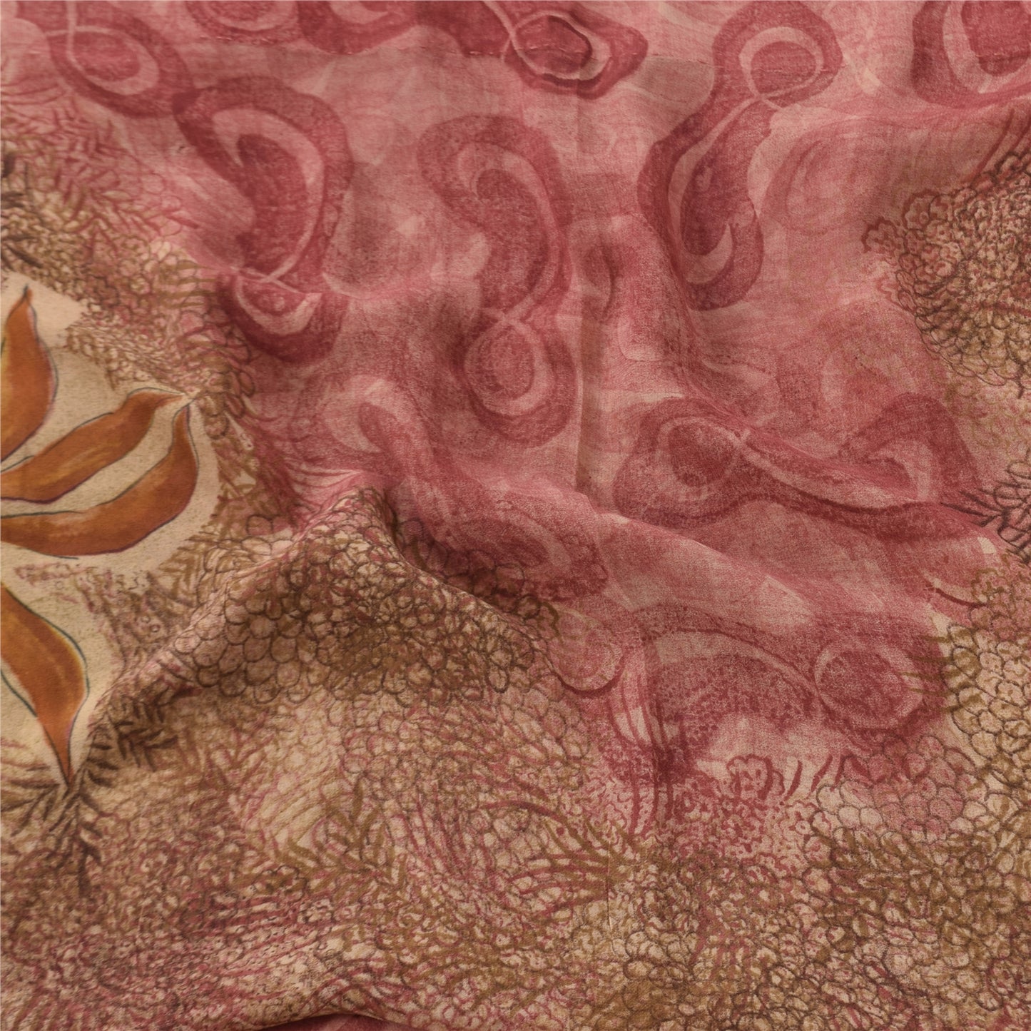 Sanskriti Vintage Sarees Pink/Brown Pure Georgette Print Sari 6+yd Craft Sustainable Fabric