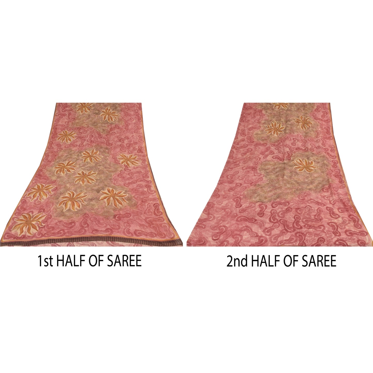 Sanskriti Vintage Sarees Pink/Brown Pure Georgette Print Sari 6+yd Craft Sustainable Fabric