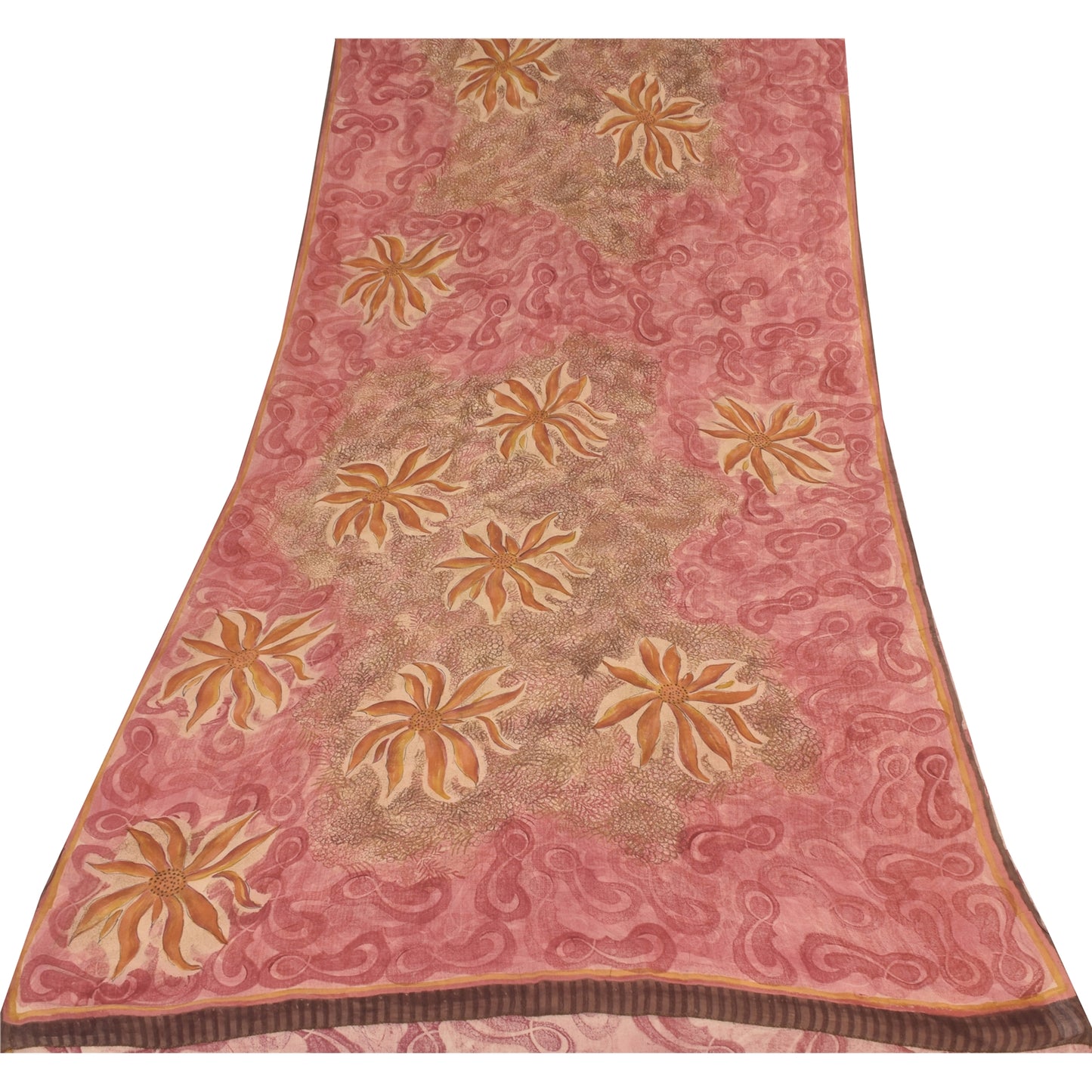 Sanskriti Vintage Sarees Pink/Brown Pure Georgette Print Sari 6+yd Craft Sustainable Fabric