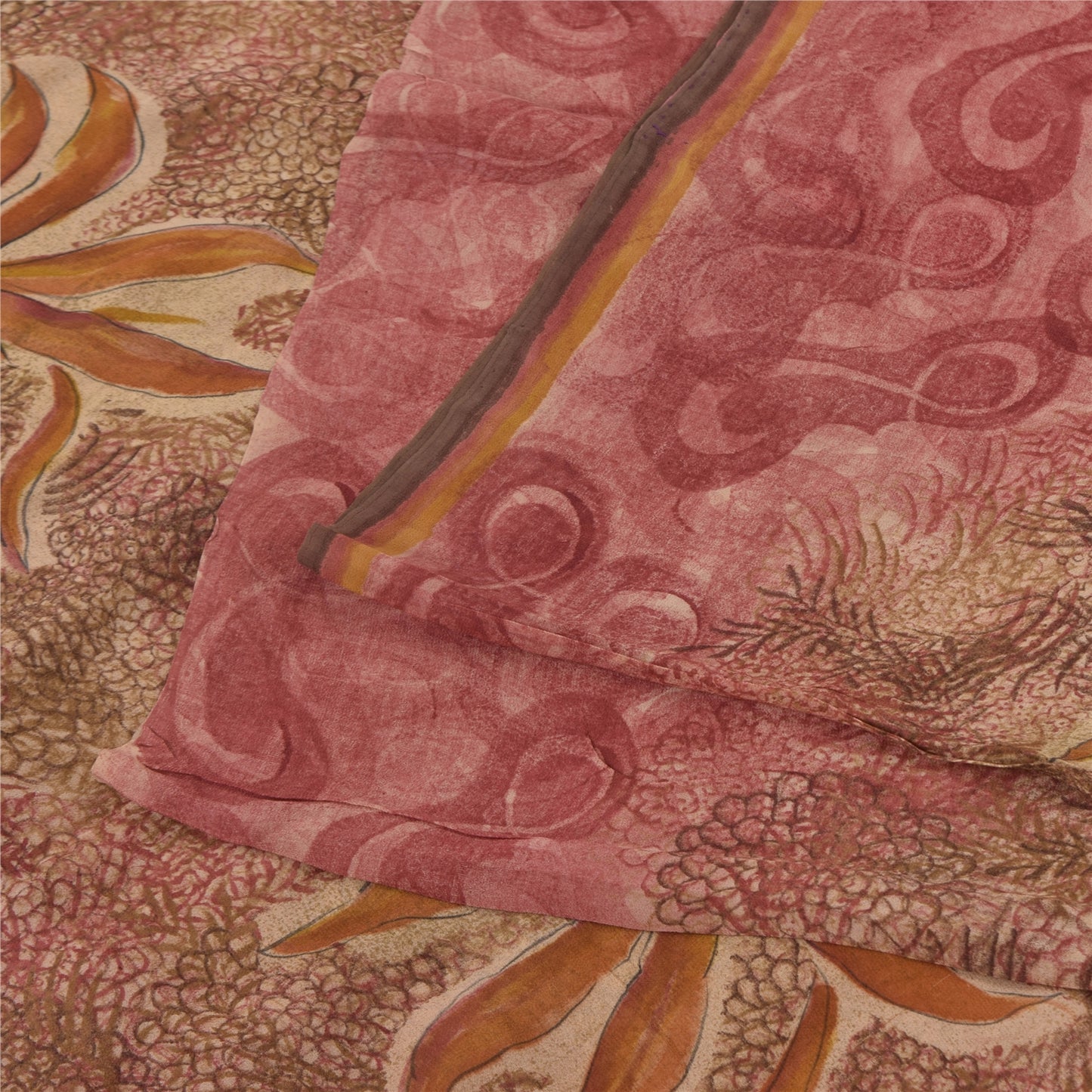 Sanskriti Vintage Sarees Pink/Brown Pure Georgette Print Sari 6+yd Craft Sustainable Fabric