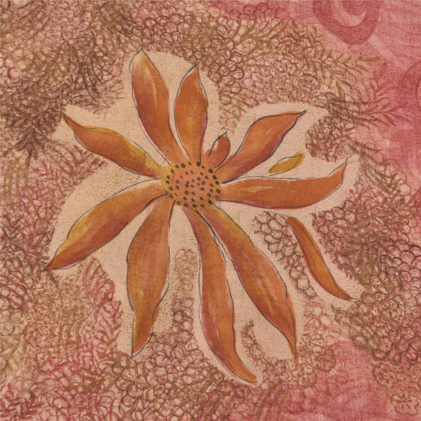 Sanskriti Vintage Sarees Pink/Brown Pure Georgette Print Sari 6+yd Craft Sustainable Fabric