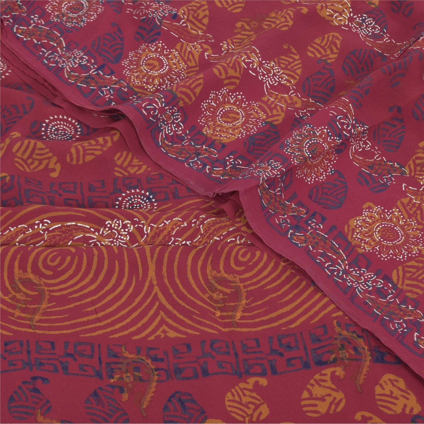 Sanskriti Vintage Sarees Pink Hand Block Printed Pure Georgette Sari 5+yd Sustainable Fabric