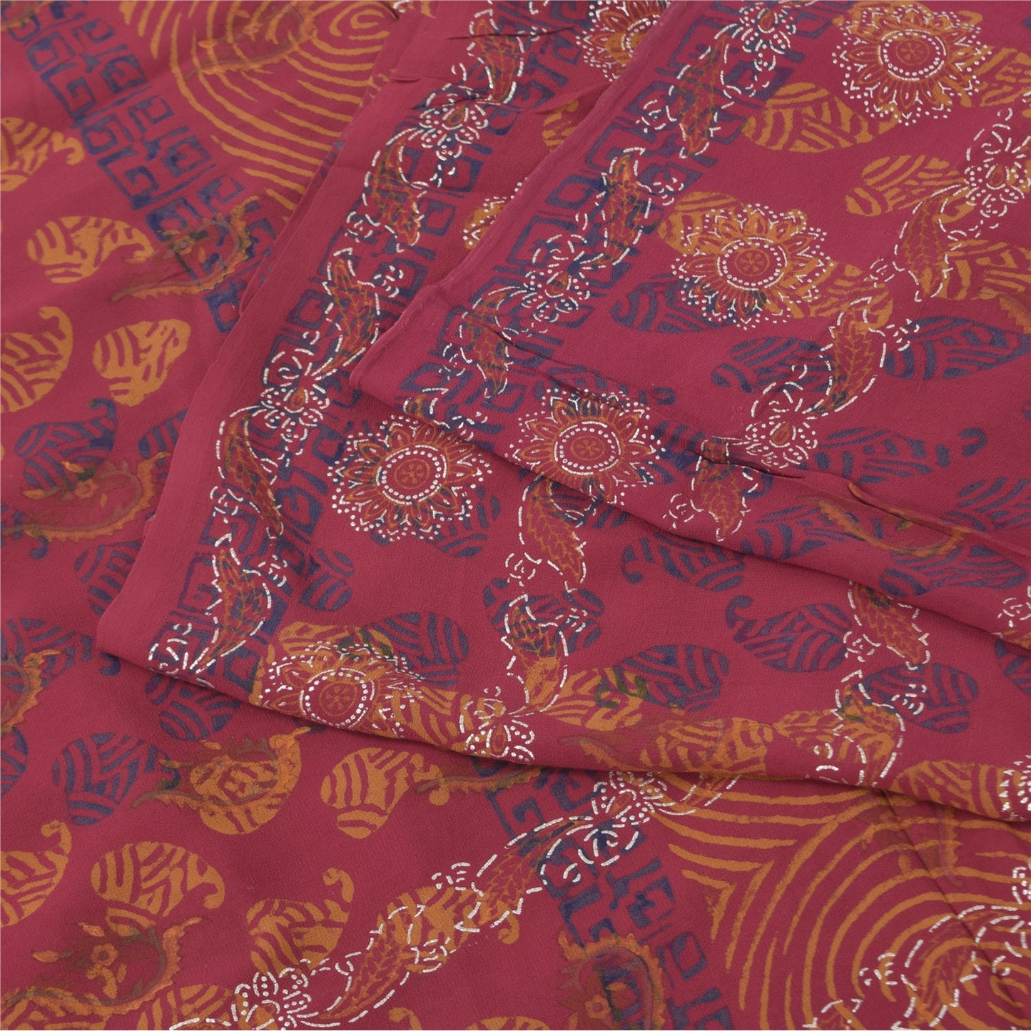 Sanskriti Vintage Sarees Pink Hand Block Printed Pure Georgette Sari 5+yd Sustainable Fabric