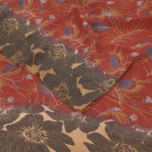 Sanskriti Vintage Sarees Orange Pure Georgette Silk Print Sari 5+yd Craft Sustainable Fabric