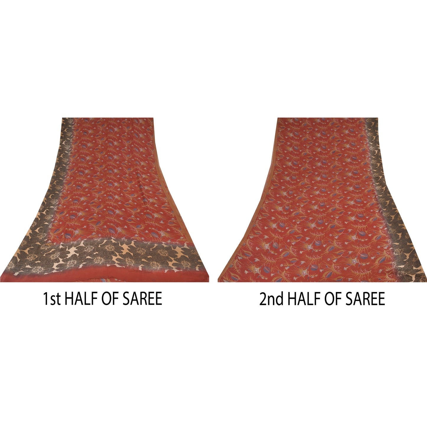 Sanskriti Vintage Sarees Orange Pure Georgette Silk Print Sari 5+yd Craft Sustainable Fabric