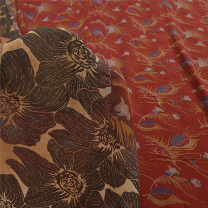 Sanskriti Vintage Sarees Orange Pure Georgette Silk Print Sari 5+yd Craft Sustainable Fabric