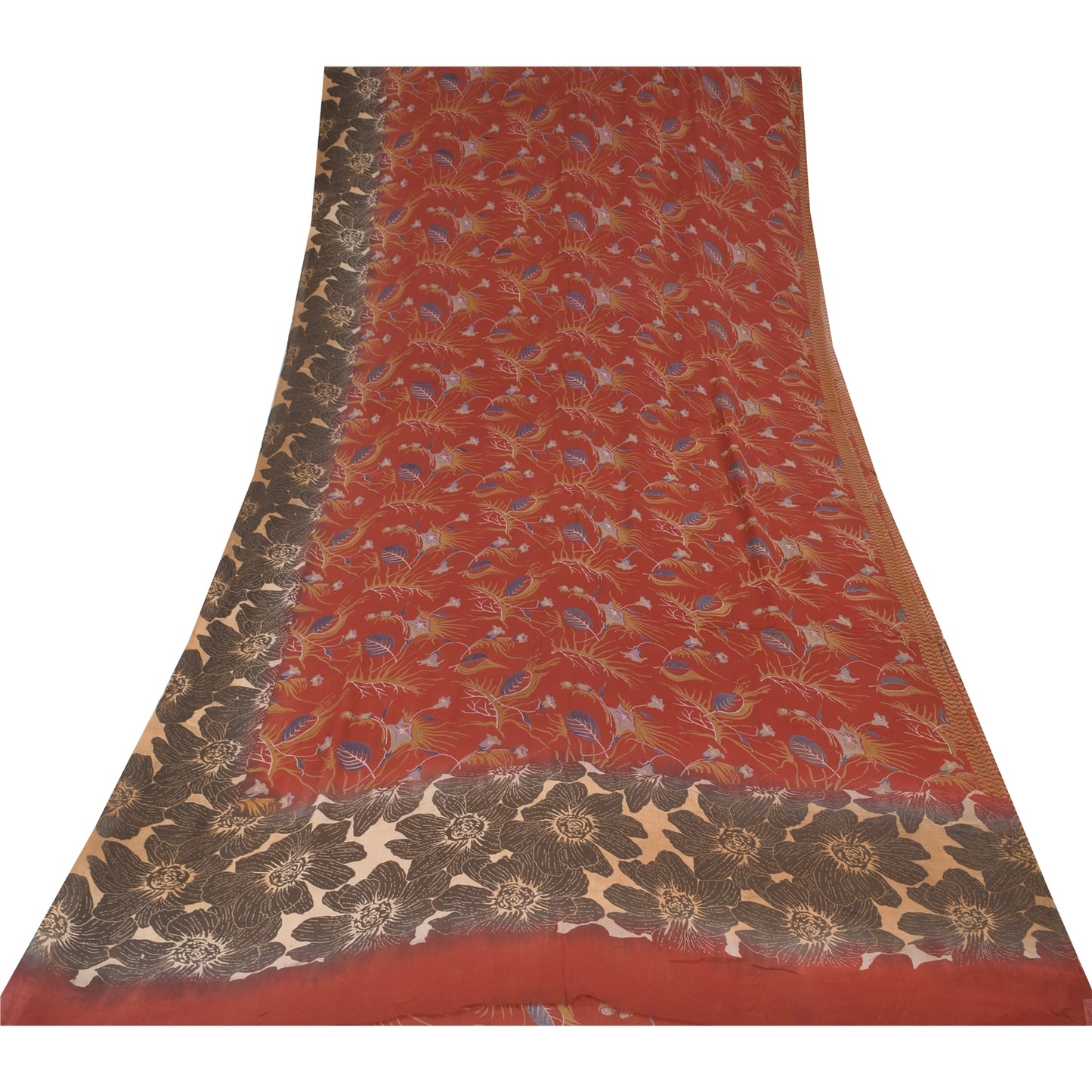 Sanskriti Vintage Sarees Orange Pure Georgette Silk Print Sari 5+yd Craft Sustainable Fabric