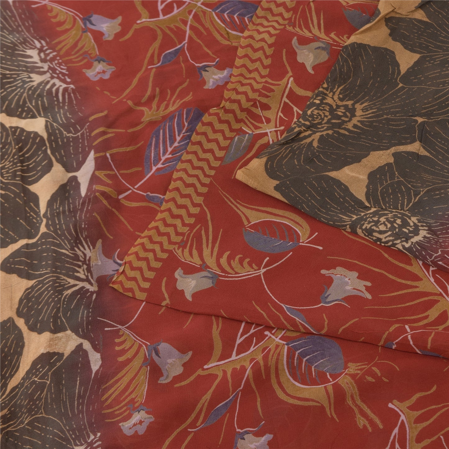 Sanskriti Vintage Sarees Orange Pure Georgette Silk Print Sari 5+yd Craft Sustainable Fabric