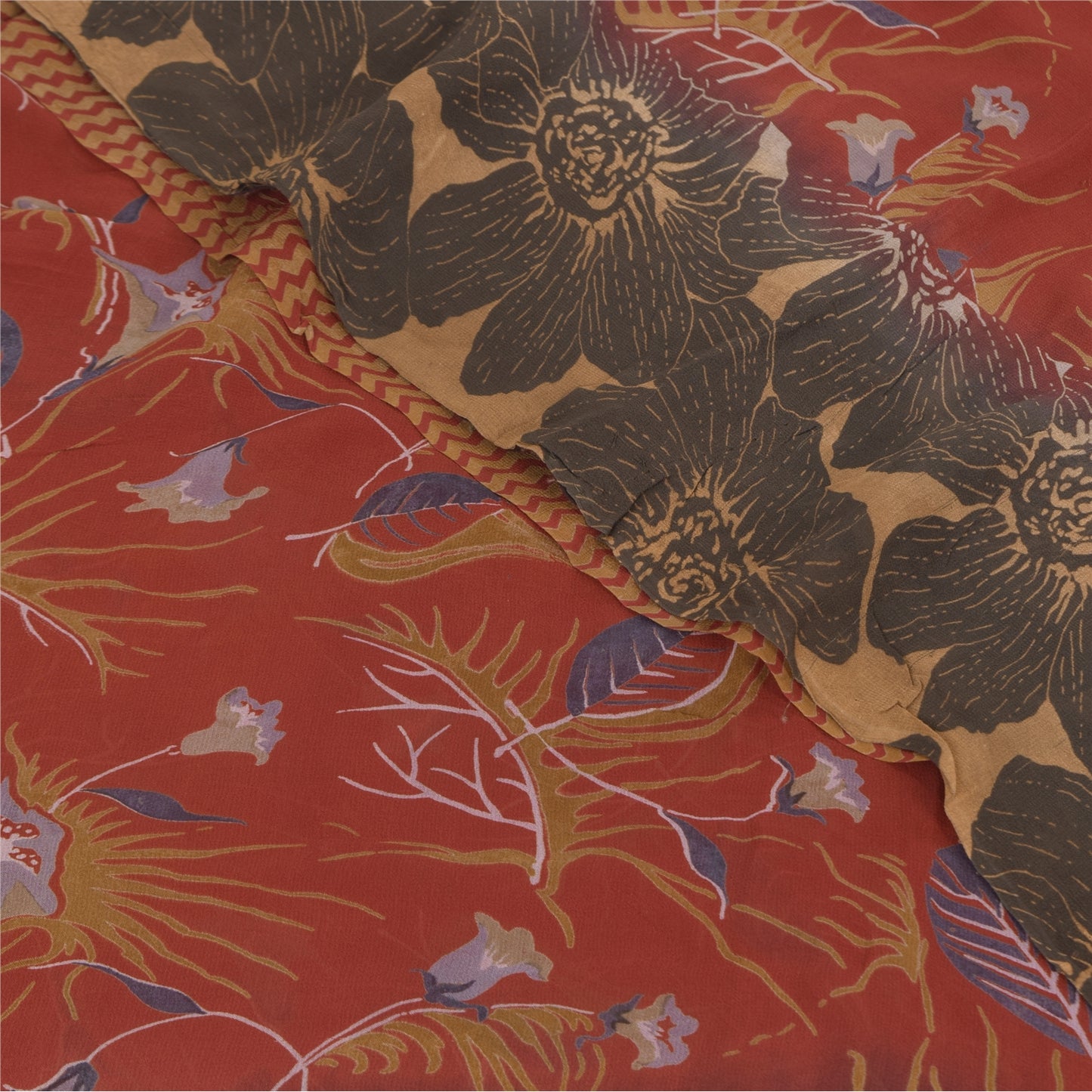 Sanskriti Vintage Sarees Orange Pure Georgette Silk Print Sari 5+yd Craft Sustainable Fabric