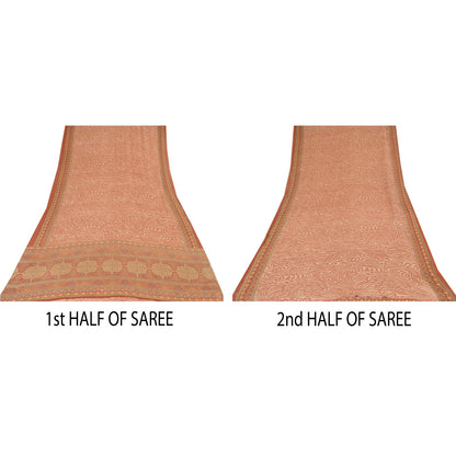 Sanskriti Vintage Sarees Dark Peach Pure Georgette Silk Printed Sari 5+yd Sustainable Fabric