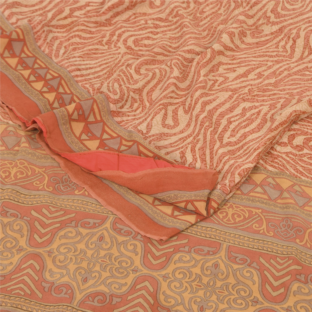 Sanskriti Vintage Sarees Dark Peach Pure Georgette Silk Printed Sari 5+yd Sustainable Fabric