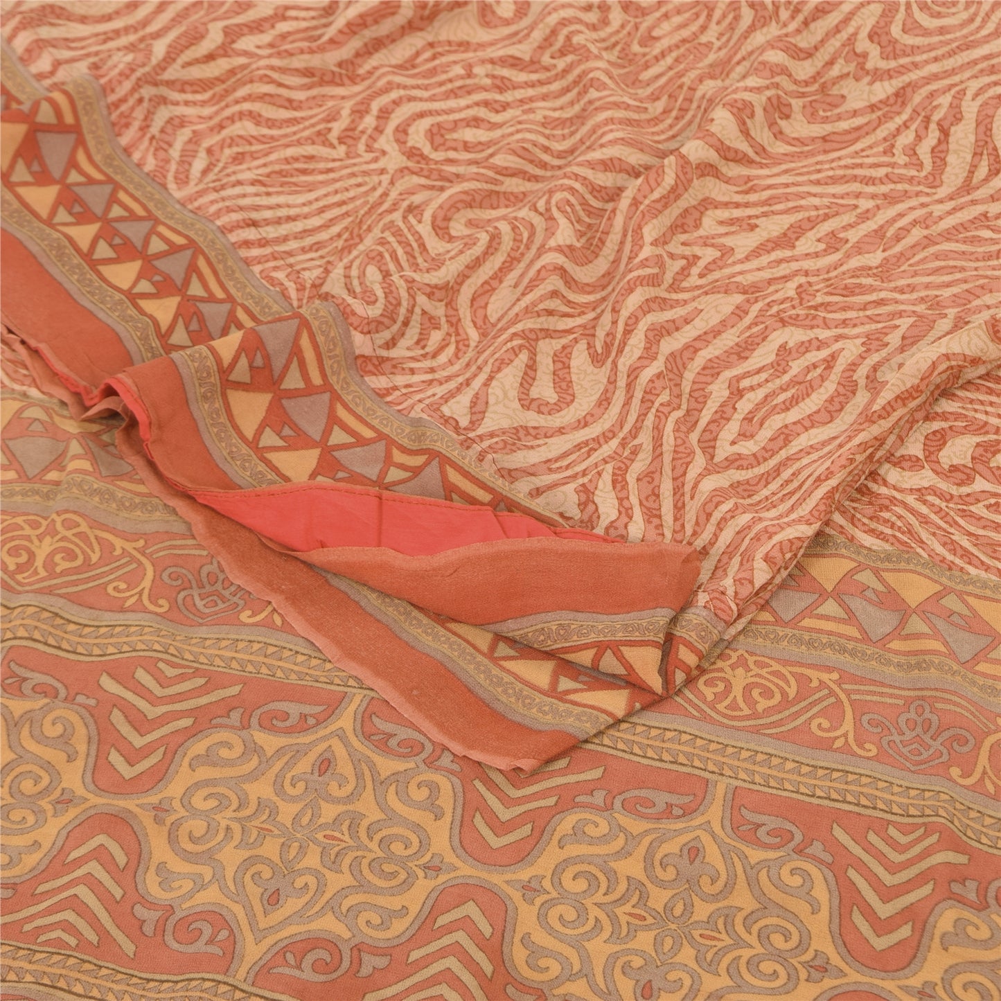 Sanskriti Vintage Sarees Dark Peach Pure Georgette Silk Printed Sari 5+yd Sustainable Fabric