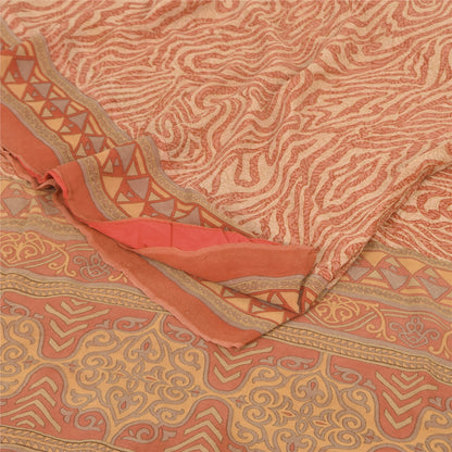 Sanskriti Vintage Sarees Dark Peach Pure Georgette Silk Printed Sari 5+yd Sustainable Fabric