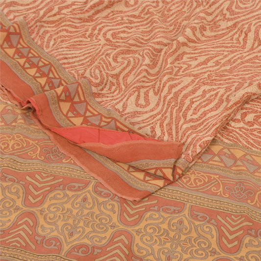 Sanskriti Vintage Sarees Dark Peach Pure Georgette Silk Printed Sari 5+yd Sustainable Fabric
