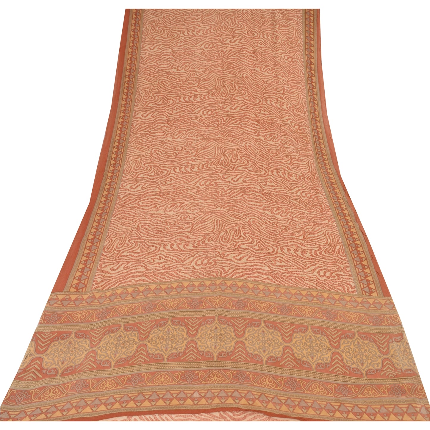 Sanskriti Vintage Sarees Dark Peach Pure Georgette Silk Printed Sari 5+yd Sustainable Fabric