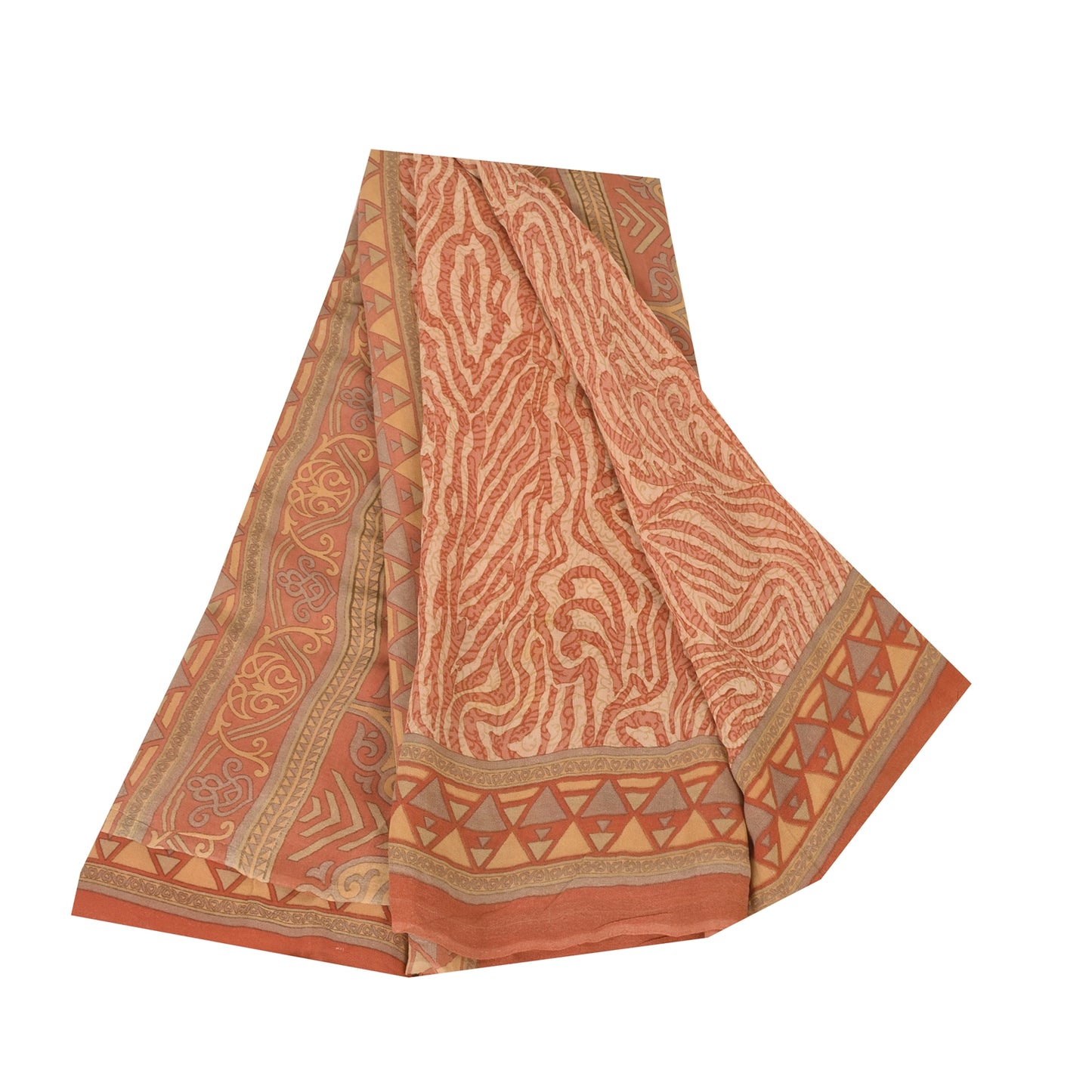 Sanskriti Vintage Sarees Dark Peach Pure Georgette Silk Printed Sari 5+yd Sustainable Fabric