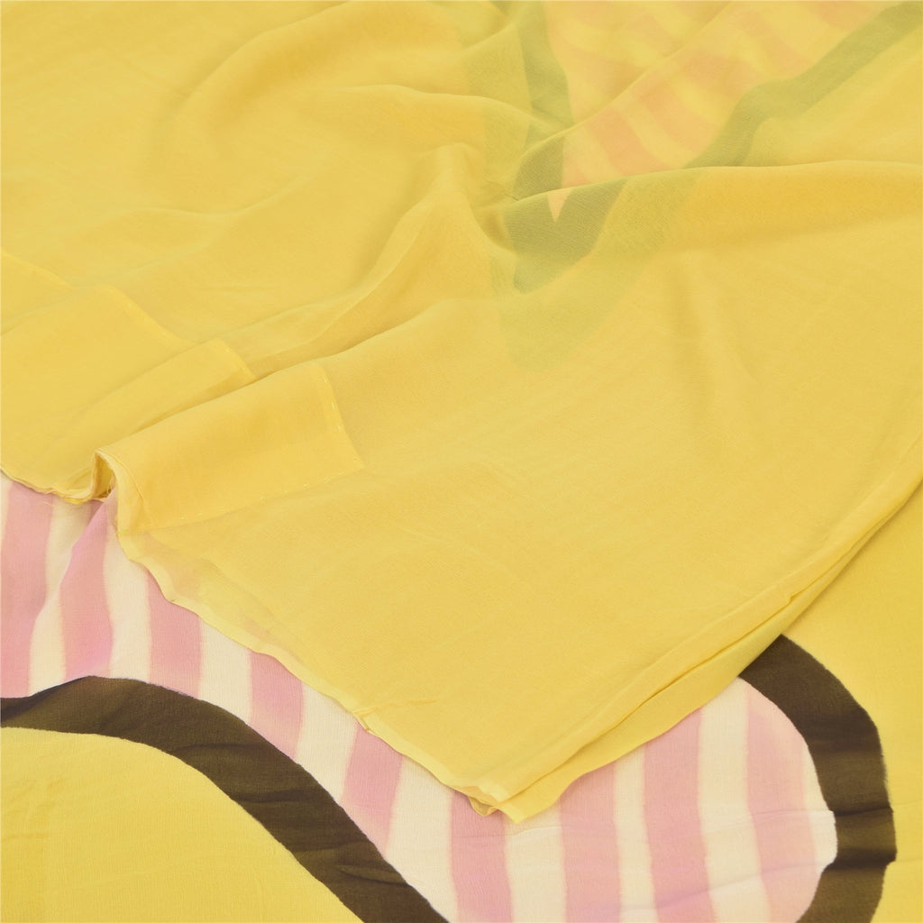 Sanskriti Vintage Sarees Yellow Pure Georgette Silk Print Sari 5+yd Craft Sustainable Fabric