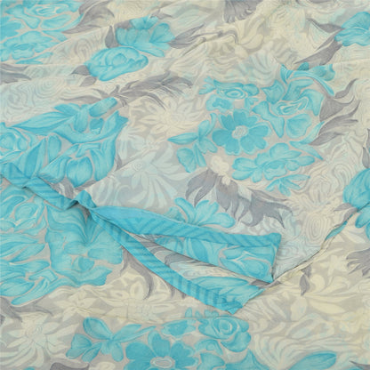 Sanskriti Vintage Sarees Ivory/Blue Pure Georgette Silk Printed Sari 5+yd Sustainable Fabric