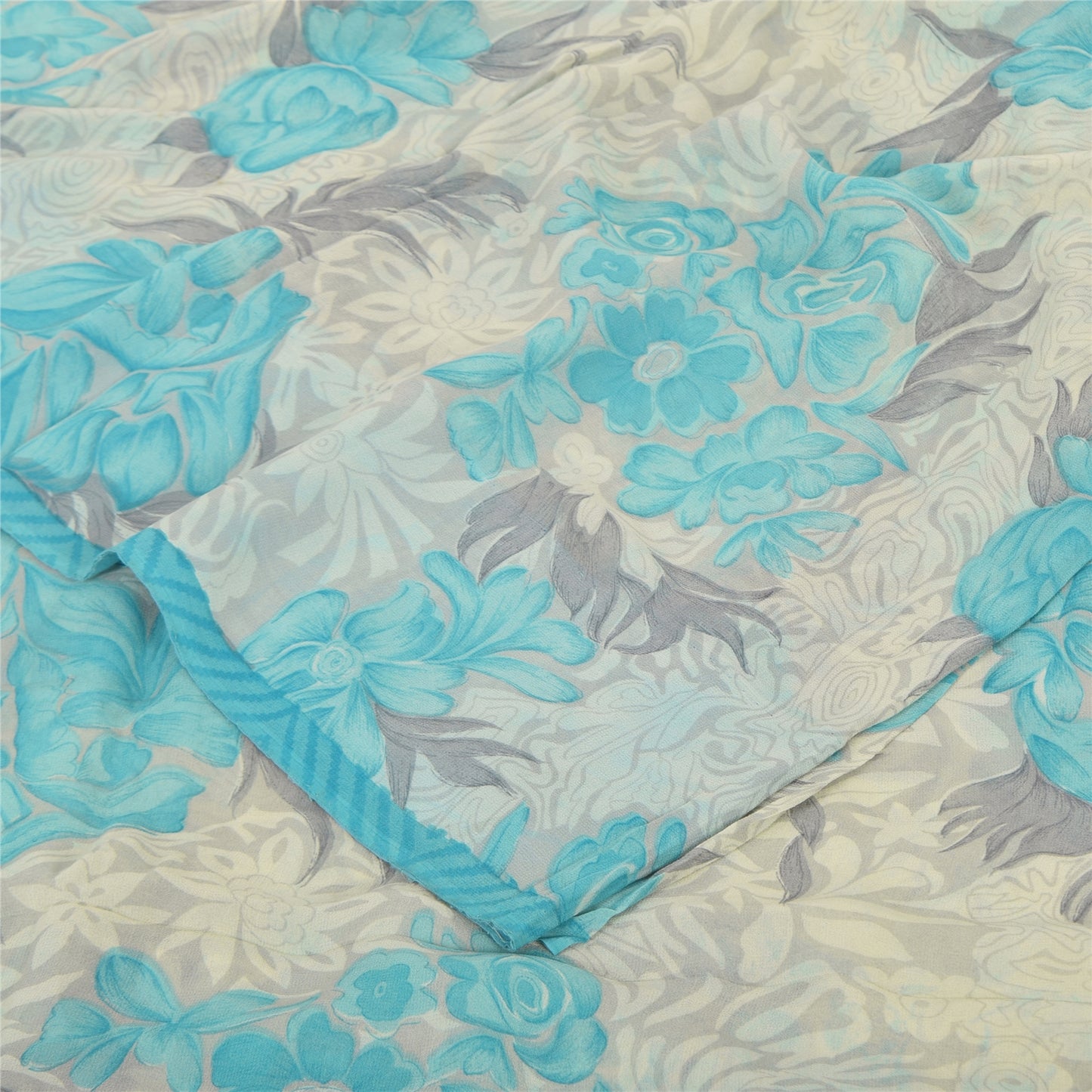 Sanskriti Vintage Sarees Ivory/Blue Pure Georgette Silk Printed Sari 5+yd Sustainable Fabric