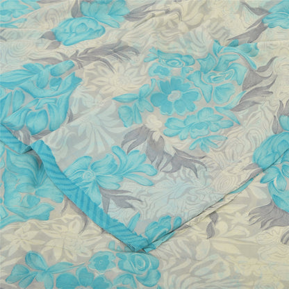 Sanskriti Vintage Sarees Ivory/Blue Pure Georgette Silk Printed Sari 5+yd Sustainable Fabric