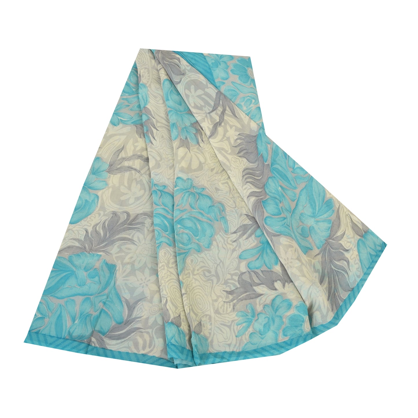 Sanskriti Vintage Sarees Ivory/Blue Pure Georgette Silk Printed Sari 5+yd Sustainable Fabric