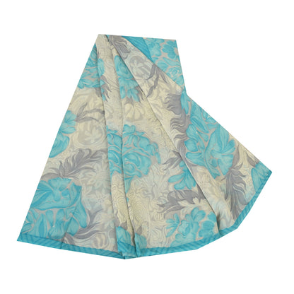Sanskriti Vintage Sarees Ivory/Blue Pure Georgette Silk Printed Sari 5+yd Sustainable Fabric
