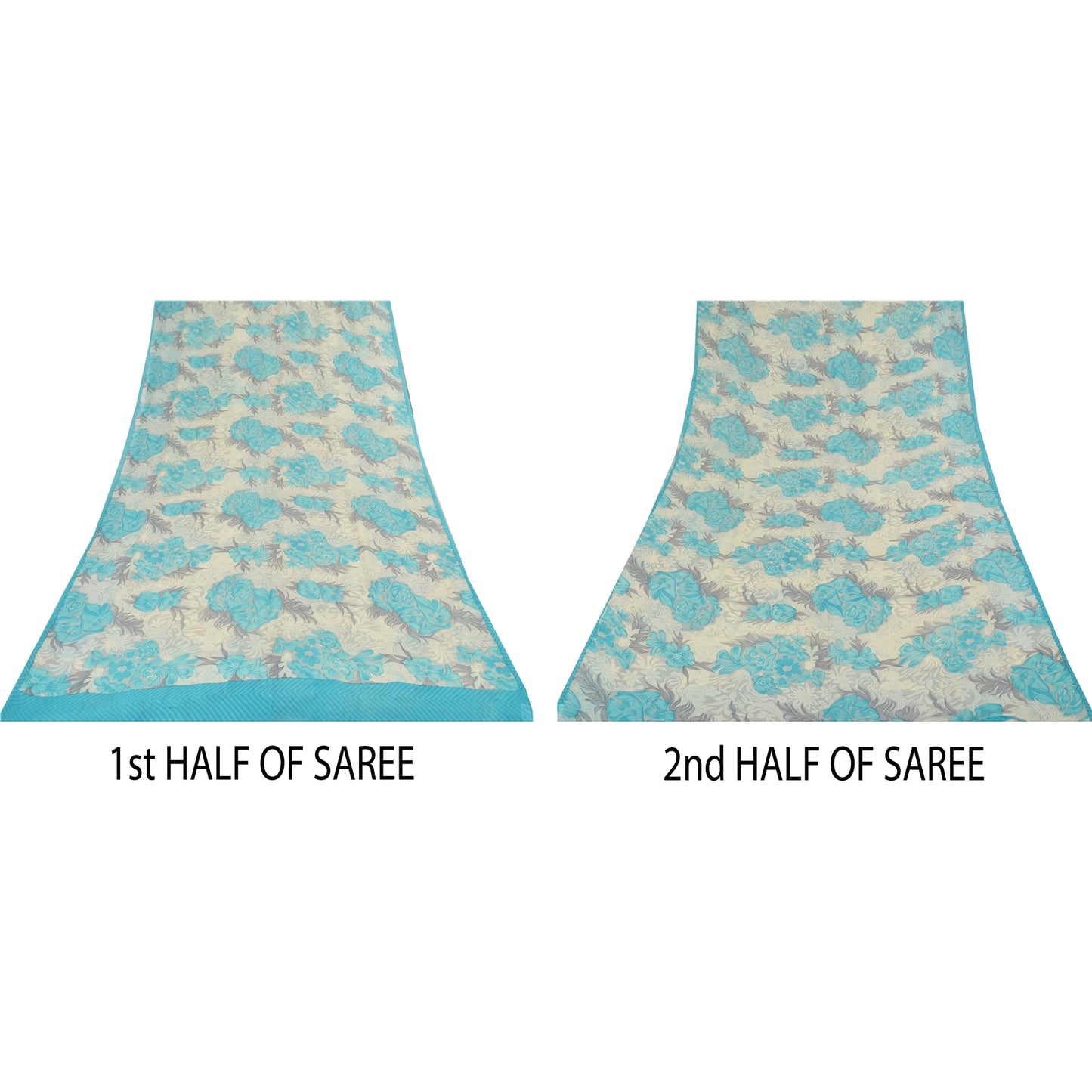 Sanskriti Vintage Sarees Ivory/Blue Pure Georgette Silk Printed Sari 5+yd Sustainable Fabric