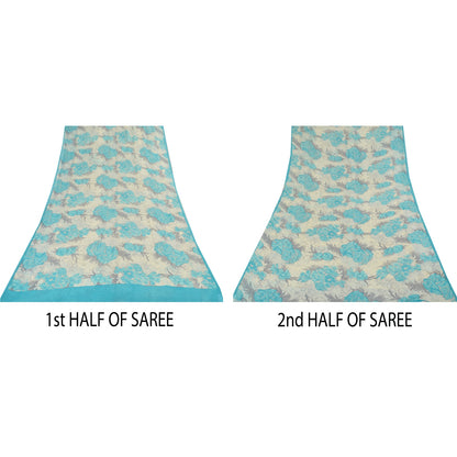 Sanskriti Vintage Sarees Ivory/Blue Pure Georgette Silk Printed Sari 5+yd Sustainable Fabric