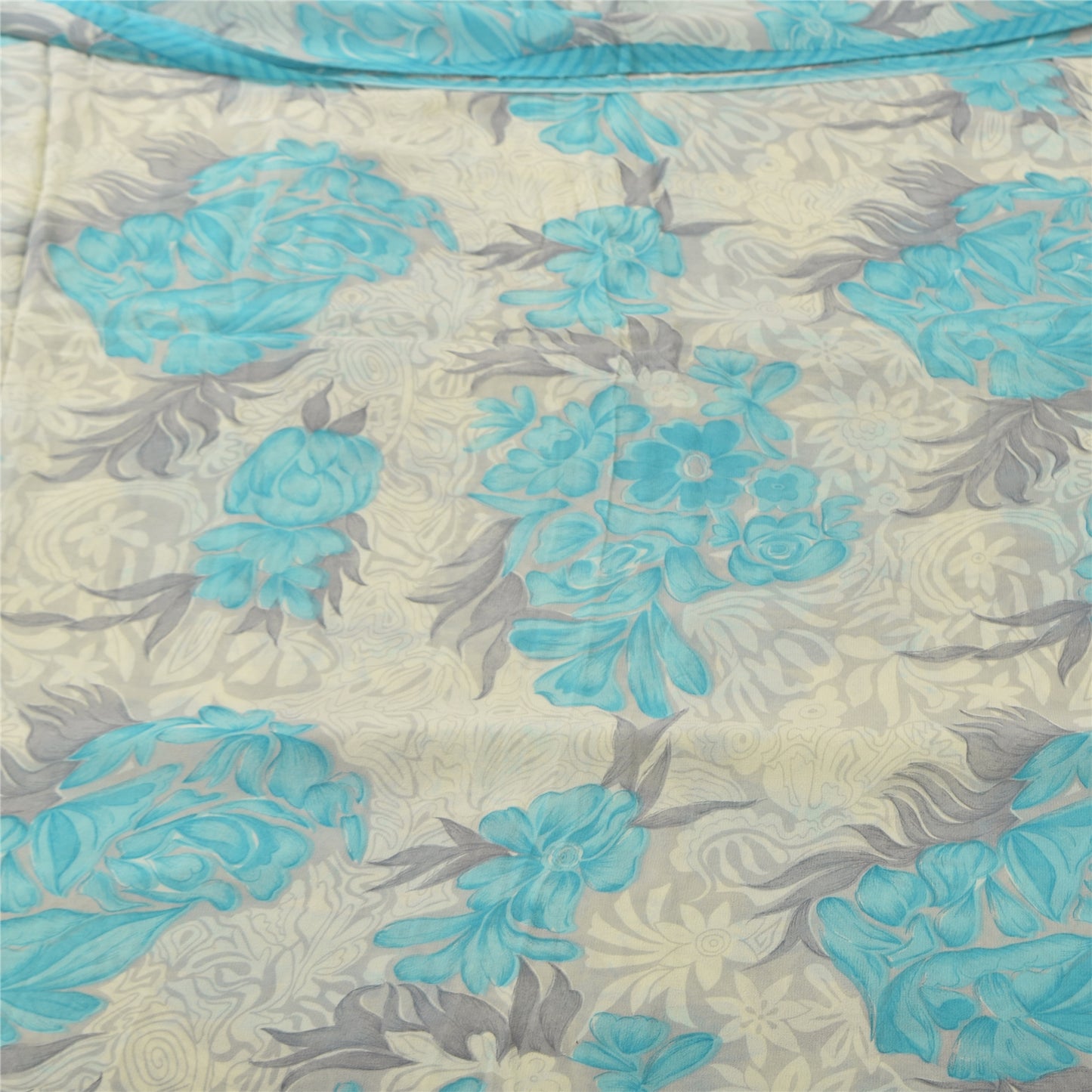 Sanskriti Vintage Sarees Ivory/Blue Pure Georgette Silk Printed Sari 5+yd Sustainable Fabric