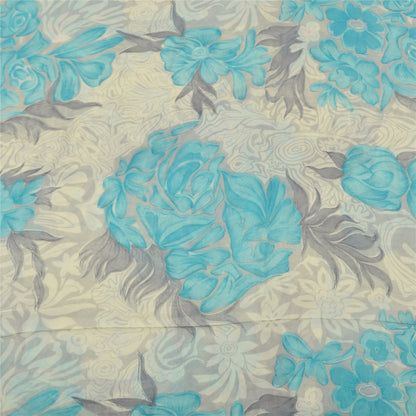 Sanskriti Vintage Sarees Ivory/Blue Pure Georgette Silk Printed Sari 5+yd Sustainable Fabric