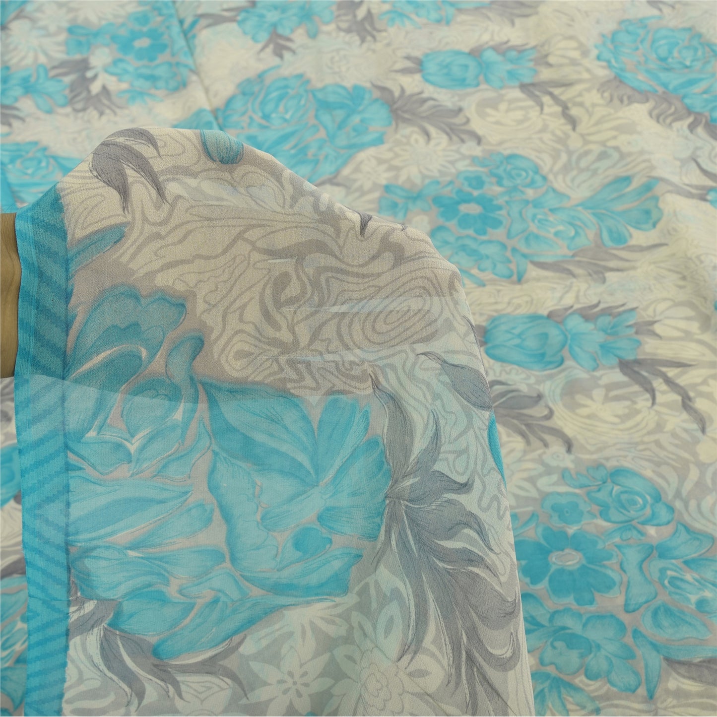 Sanskriti Vintage Sarees Ivory/Blue Pure Georgette Silk Printed Sari 5+yd Sustainable Fabric