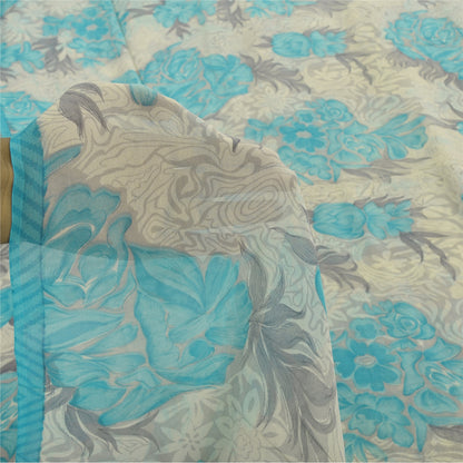 Sanskriti Vintage Sarees Ivory/Blue Pure Georgette Silk Printed Sari 5+yd Sustainable Fabric