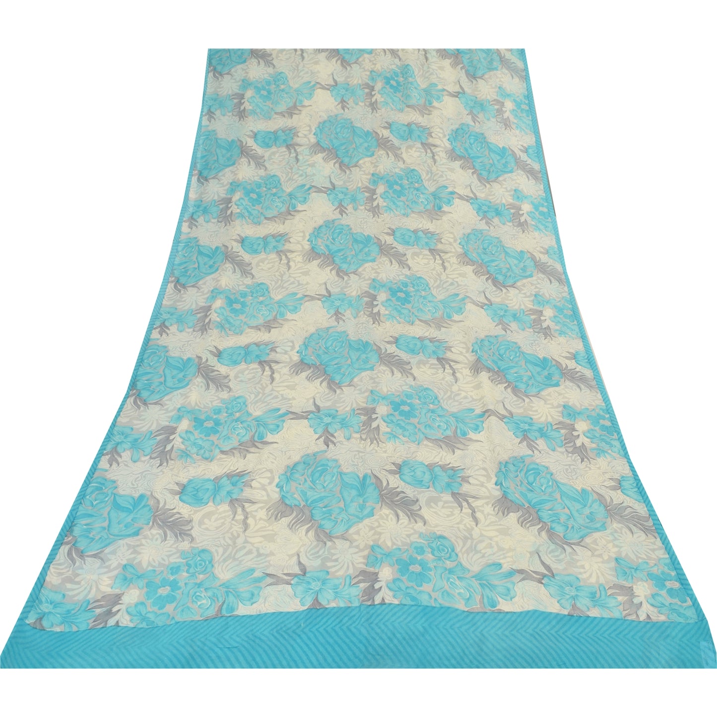 Sanskriti Vintage Sarees Ivory/Blue Pure Georgette Silk Printed Sari 5+yd Sustainable Fabric