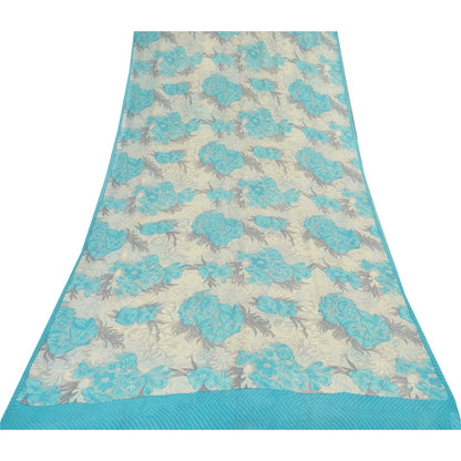 Sanskriti Vintage Sarees Ivory/Blue Pure Georgette Silk Printed Sari 5+yd Sustainable Fabric