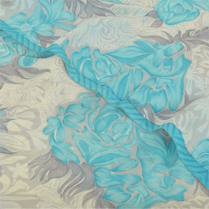 Sanskriti Vintage Sarees Ivory/Blue Pure Georgette Silk Printed Sari 5+yd Sustainable Fabric