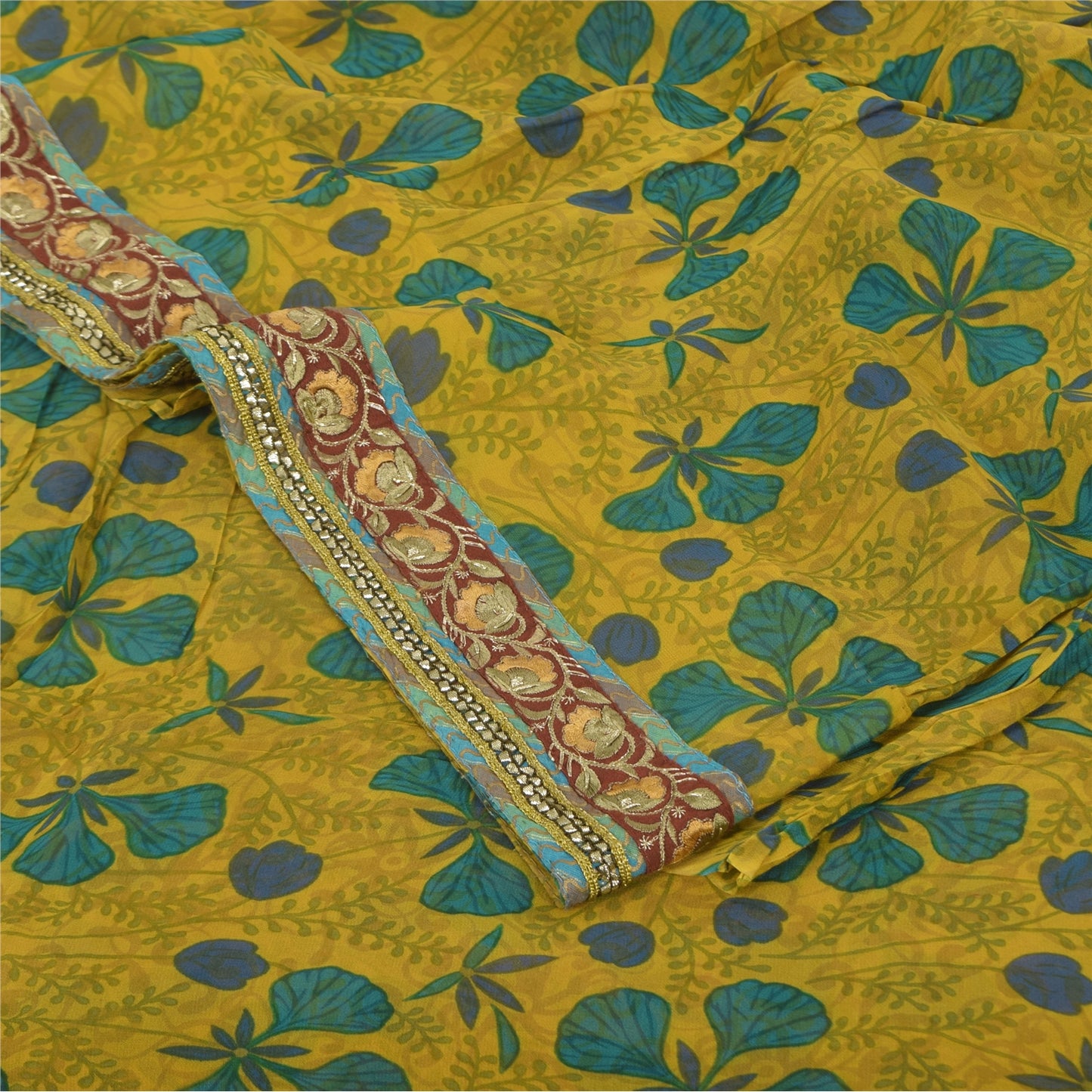 Sanskriti Vintage Sarees Yellow Pure Georgette Silk Print Sari 5+yd Craft Sustainable Fabric