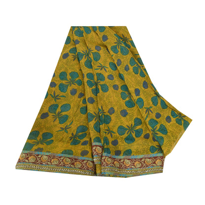 Sanskriti Vintage Sarees Yellow Pure Georgette Silk Print Sari 5+yd Craft Sustainable Fabric