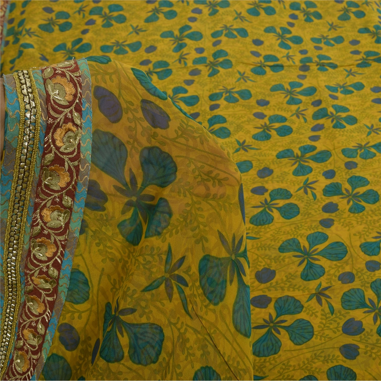 Sanskriti Vintage Sarees Yellow Pure Georgette Silk Print Sari 5+yd Craft Sustainable Fabric