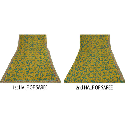 Sanskriti Vintage Sarees Yellow Pure Georgette Silk Print Sari 5+yd Craft Sustainable Fabric