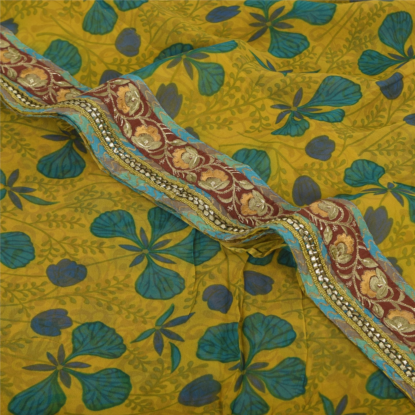 Sanskriti Vintage Sarees Yellow Pure Georgette Silk Print Sari 5+yd Craft Sustainable Fabric