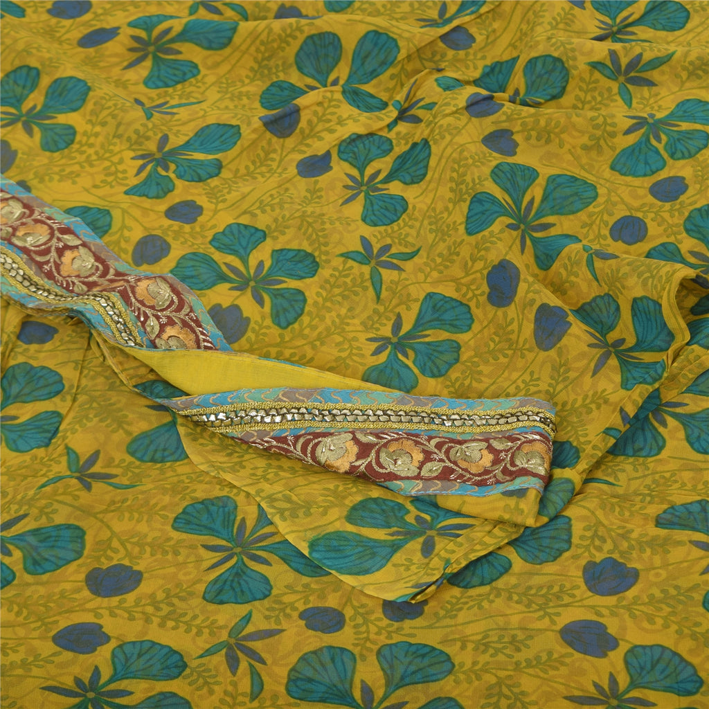 Sanskriti Vintage Sarees Yellow Pure Georgette Silk Print Sari 5+yd Craft Sustainable Fabric