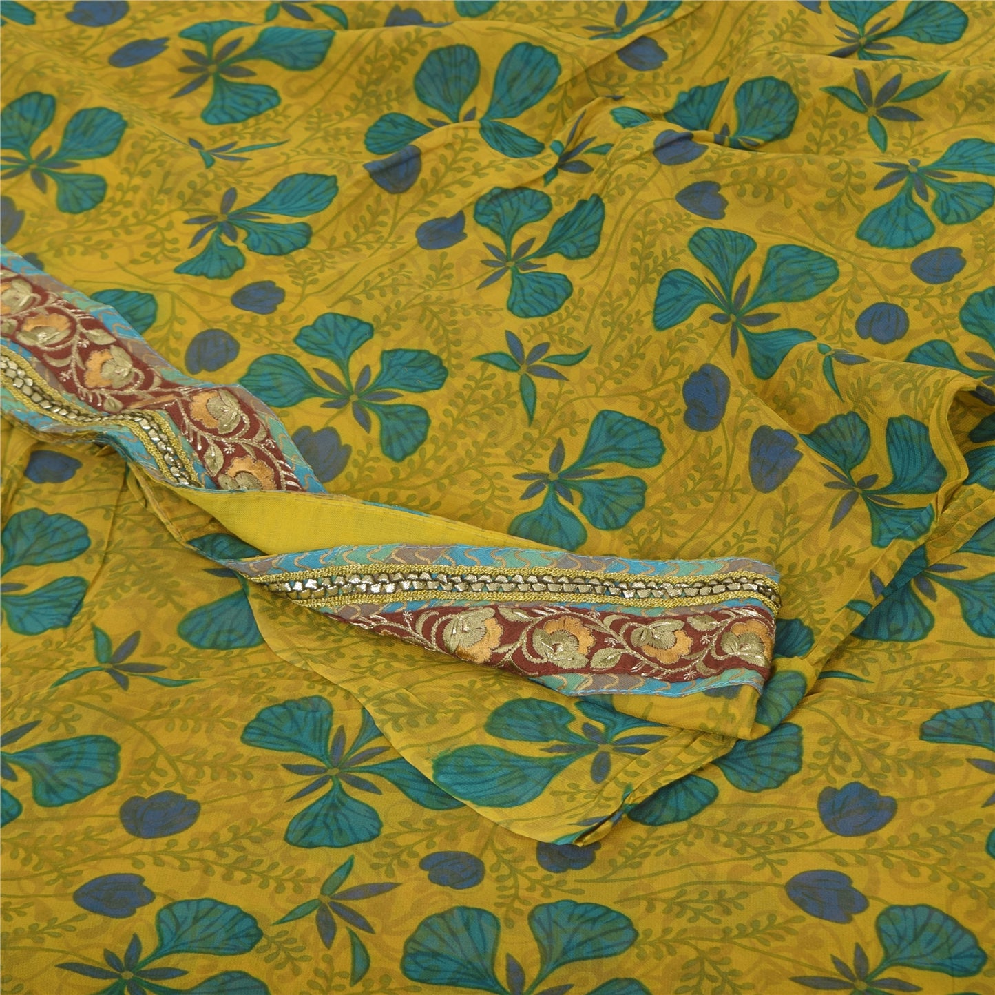 Sanskriti Vintage Sarees Yellow Pure Georgette Silk Print Sari 5+yd Craft Sustainable Fabric