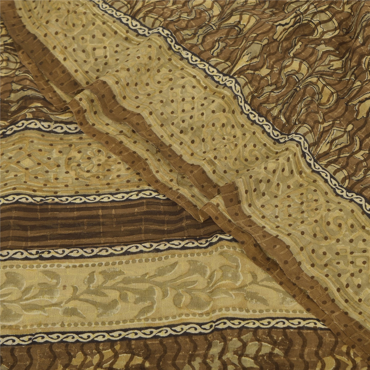 Sanskriti Vintage Sarees Brown Pure Georgette Silk Print Sari 5+yd Craft Sustainable Fabric