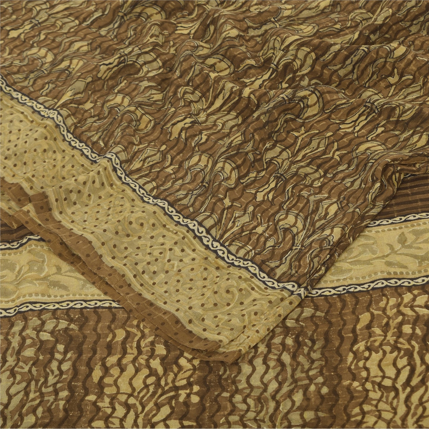 Sanskriti Vintage Sarees Brown Pure Georgette Silk Print Sari 5+yd Craft Sustainable Fabric