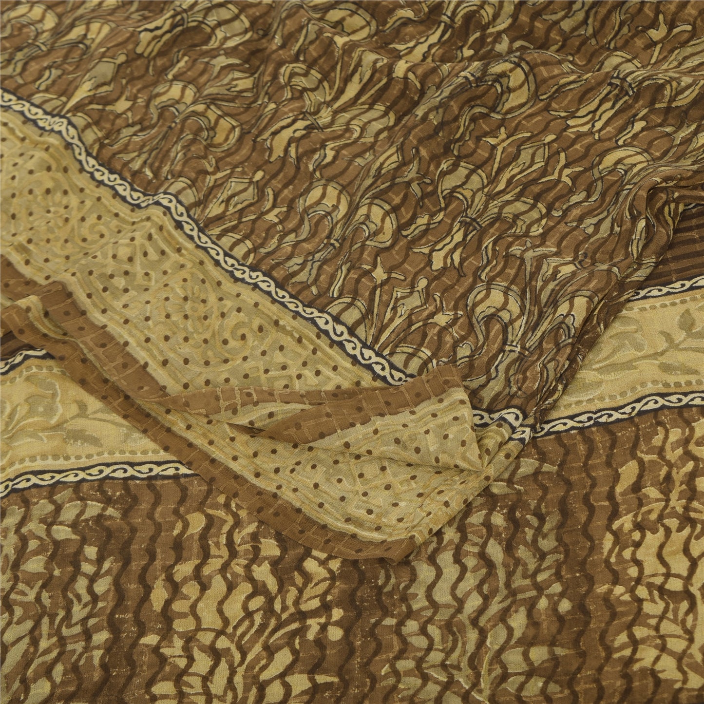 Sanskriti Vintage Sarees Brown Pure Georgette Silk Print Sari 5+yd Craft Sustainable Fabric