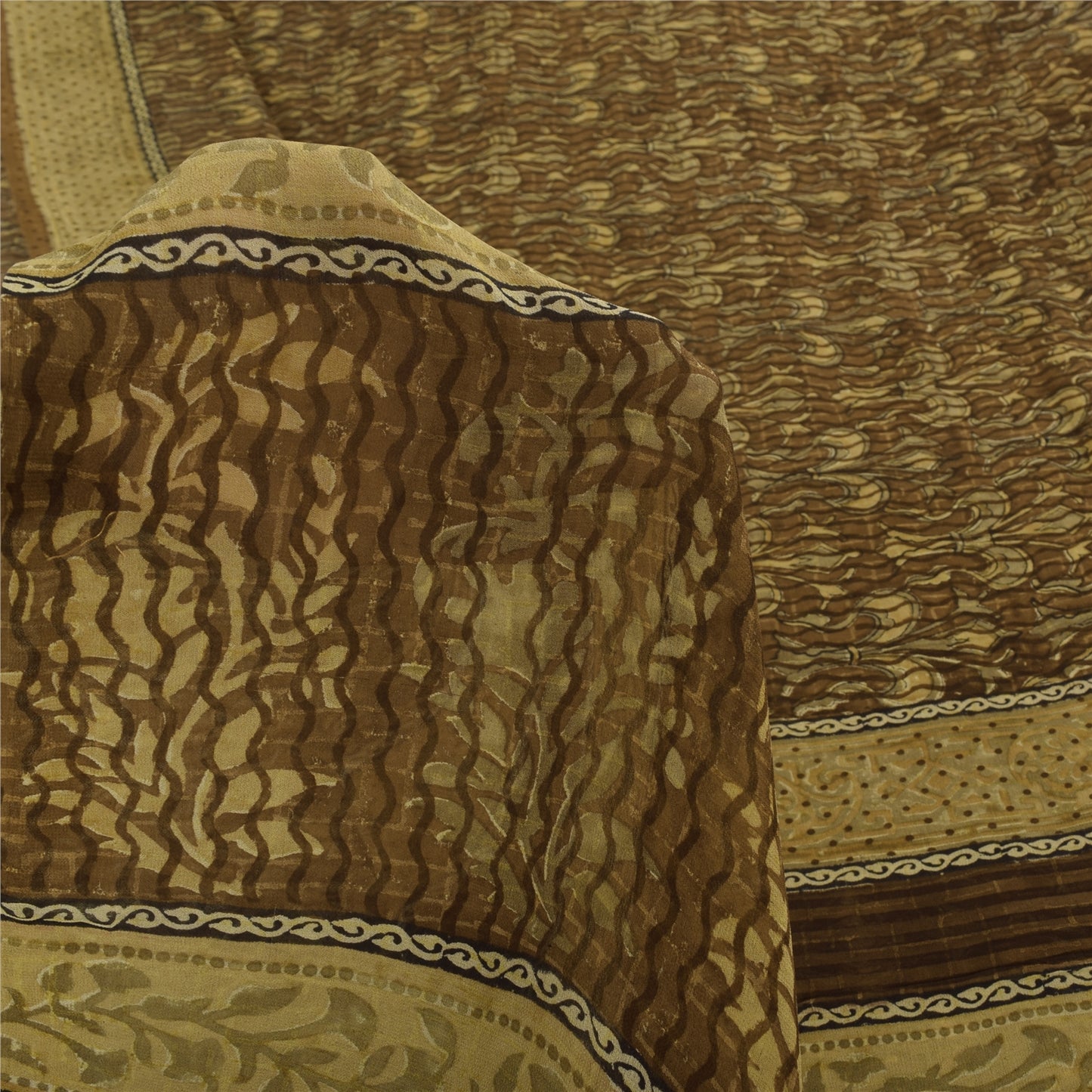 Sanskriti Vintage Sarees Brown Pure Georgette Silk Print Sari 5+yd Craft Sustainable Fabric