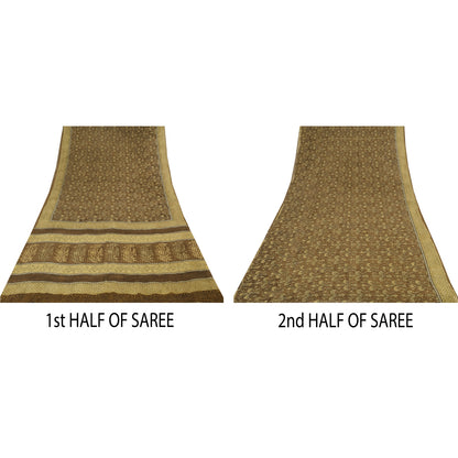 Sanskriti Vintage Sarees Brown Pure Georgette Silk Print Sari 5+yd Craft Sustainable Fabric
