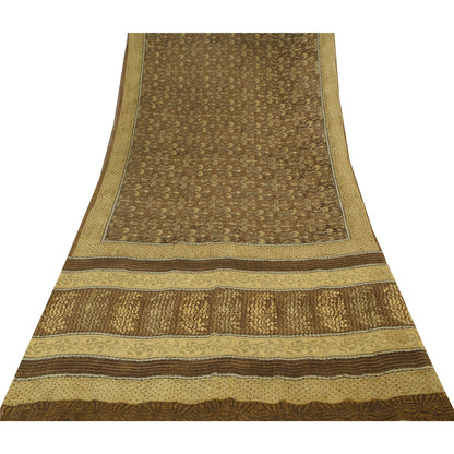 Sanskriti Vintage Sarees Brown Pure Georgette Silk Print Sari 5+yd Craft Sustainable Fabric