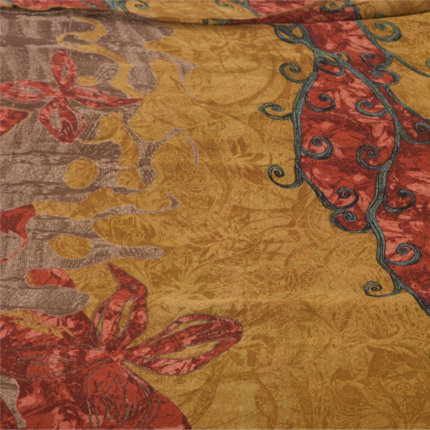 Sanskriti Vintage Sarees Mustard Pure Georgette Printed Sari 5+yd Craft Sustainable Fabric