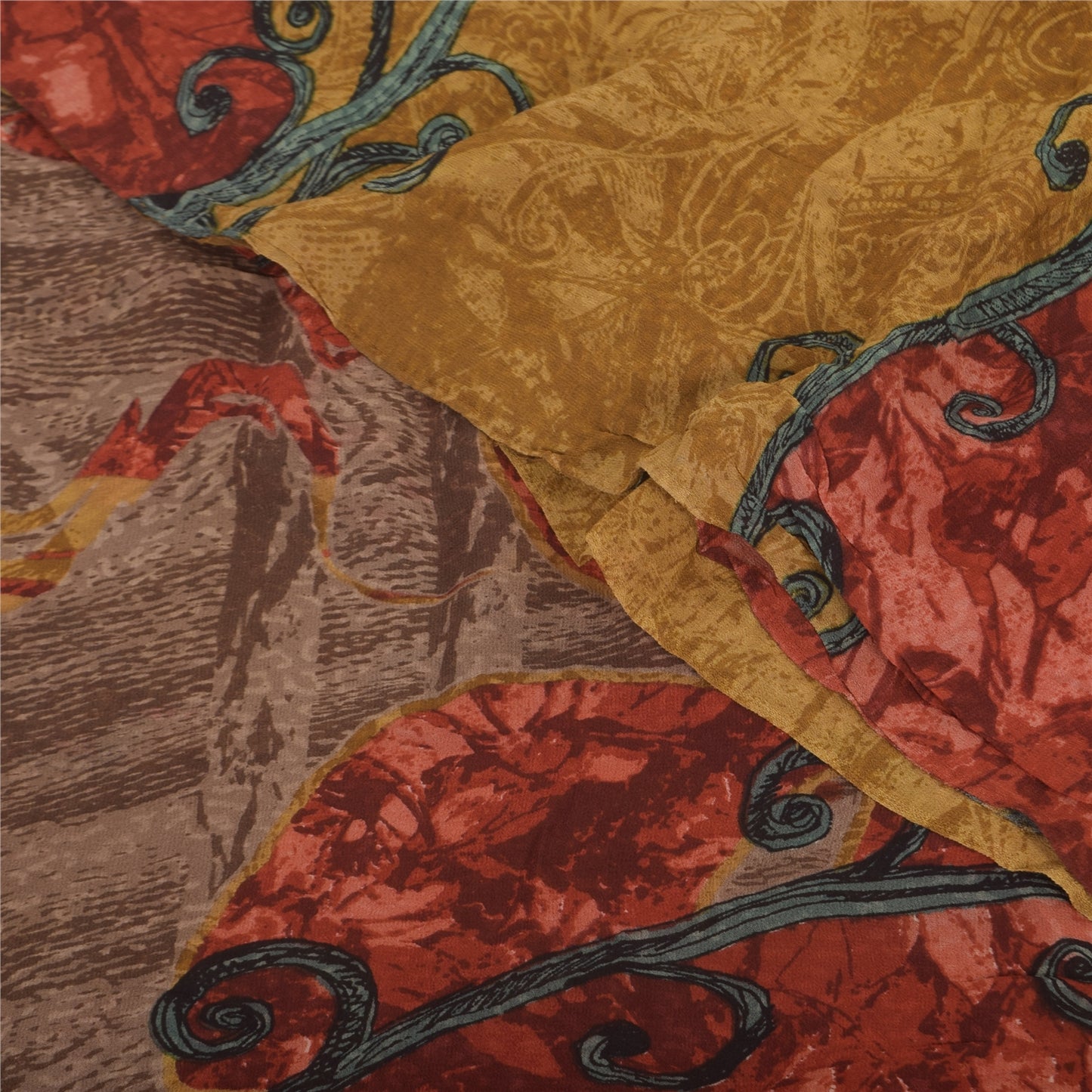 Sanskriti Vintage Sarees Mustard Pure Georgette Printed Sari 5+yd Craft Sustainable Fabric